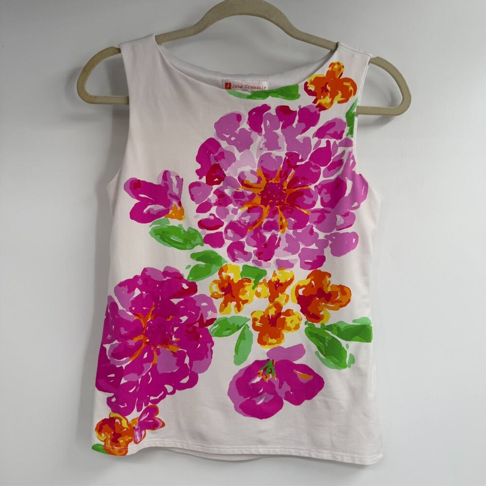 Jude Connally Tank Top Womens XS White Pink Floral Stretch Preppy Feminine USA
